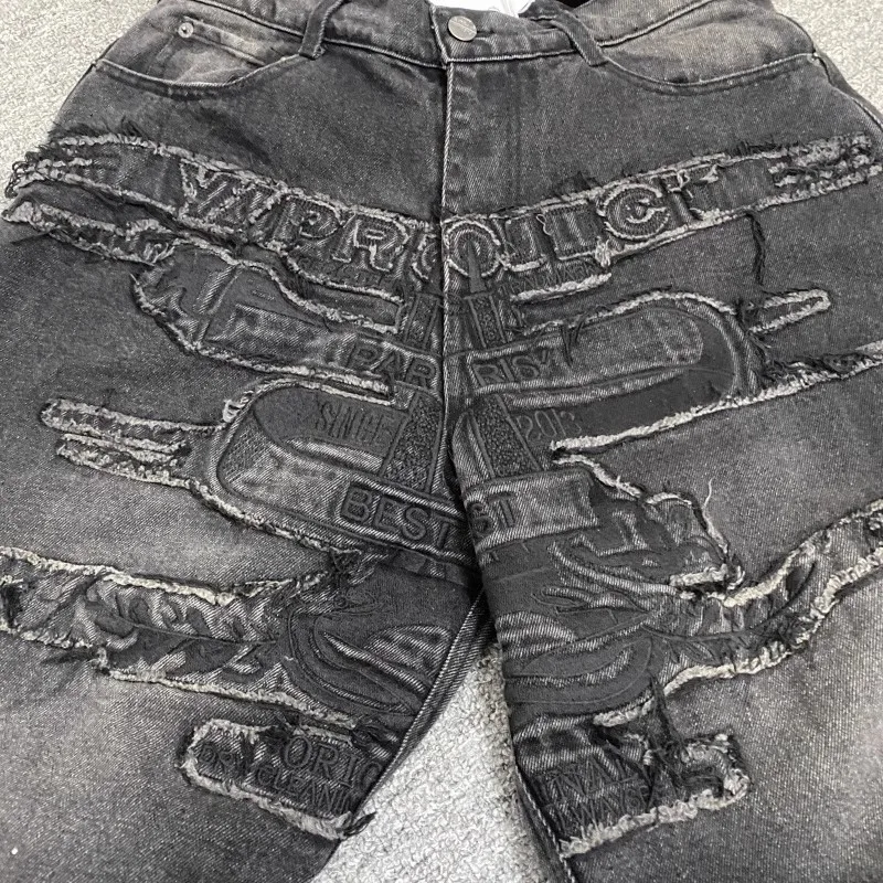 Y/project Retro Washed Distressed Embroidery Patch Logo Straight Loose Jeans Men Women High Quality Hip Hop Fitting Ripped Pants 4