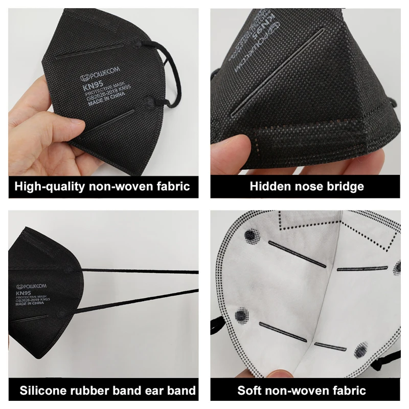 New Powecom Black FFP2 KN95 Mask Filter Face Masks 5 Layer Anti-Pollution Protective Dust Filter Safety Mask GB2626-2019 2