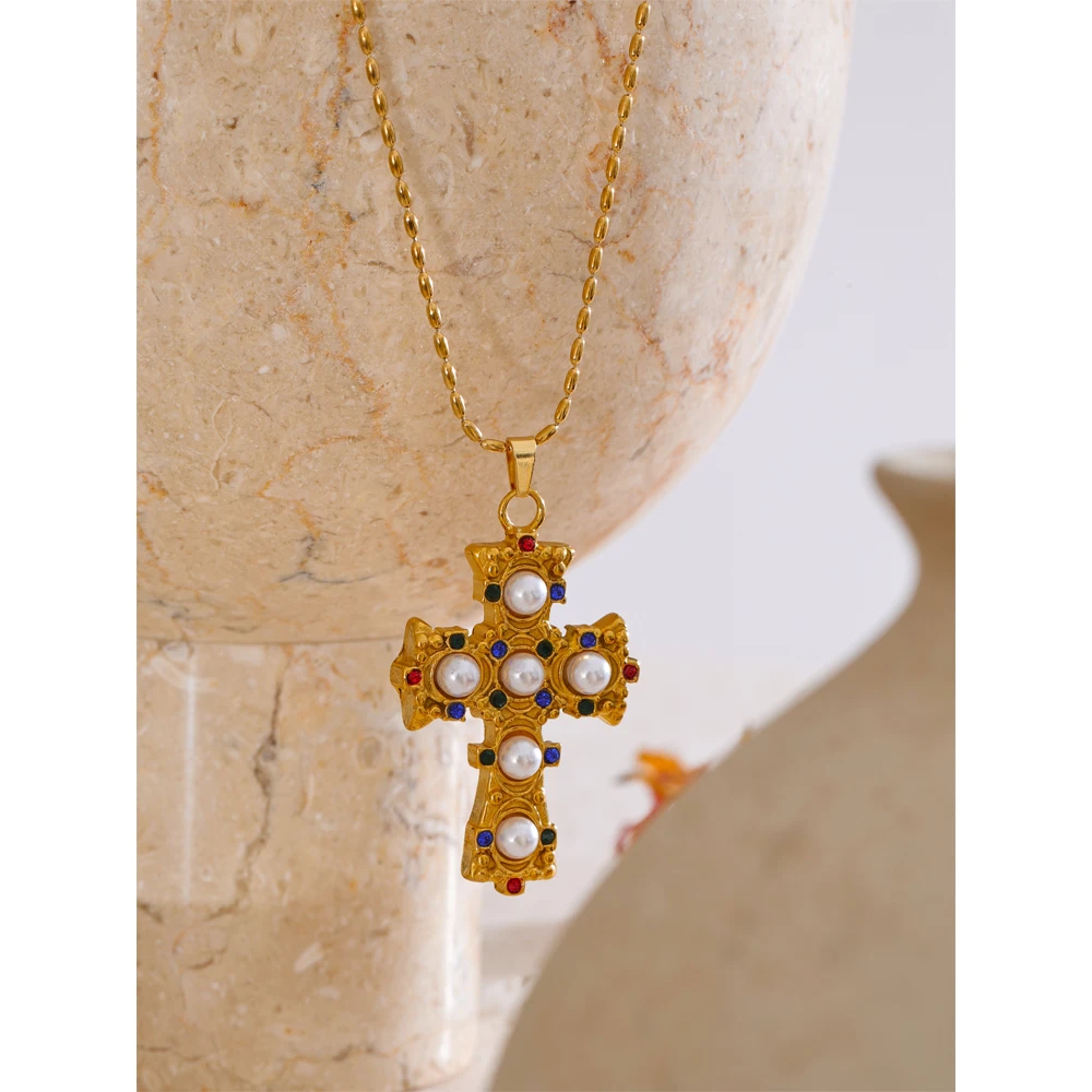 Yhpup Zirconia Imitation Pearls Cross Pendant Golden Necklace