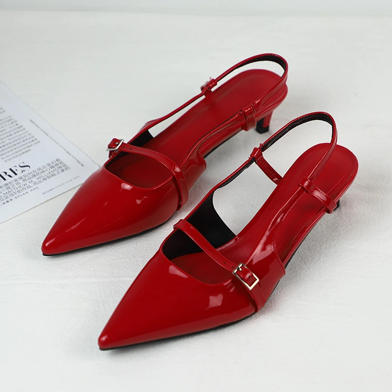 Summer Red Patent Leather Pointed Toe Slingback Sandals for Women Low Heel Design Offers Wear Strap Buckle Trendy Fashion Shoes