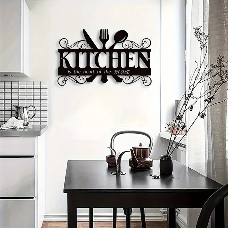 1pc Art Deco Inspired Black Metal Kitchen Wall Art - Elegant Family Theme Hanging Sign with Heartfelt Message 4
