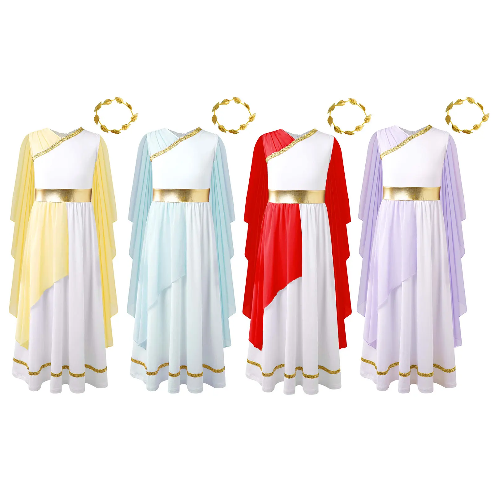 Kids Girls Halloween Ancient Greek Costume Chiffon Cap Sleeve Color Patchwork Gold Belt Dress with Gold Leaves Garland Head Wear 5
