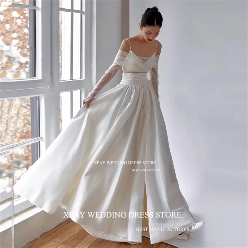 XPAY V Neck Spaghetti Straps Korea Wedding Dresses A Line Satin Bridal Gown Photos Shoot Corset Backless Pleat Lace Bride Dress 3
