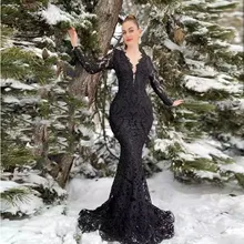 

Black Elegant Prom Dress For Women Beading V-Neck Long Sleeve Formal Party Mermaid Lace Evening Dresses Robes De Soirée