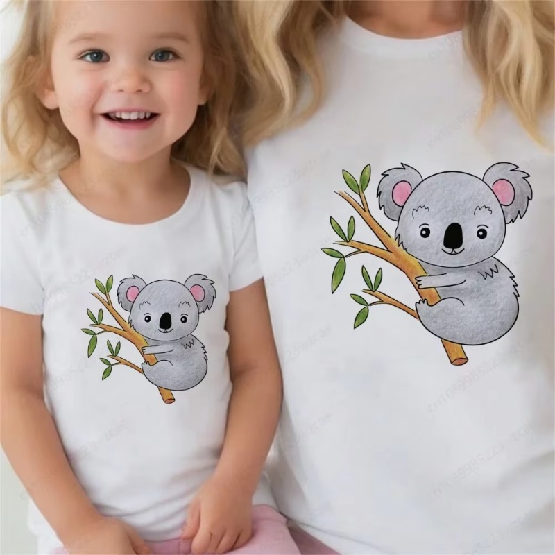 Lazy Sleeping Koala Fun Printed Boys' T-shirt Family Style Children's Summer Clothing White Cartoon Single Piece T-shirt