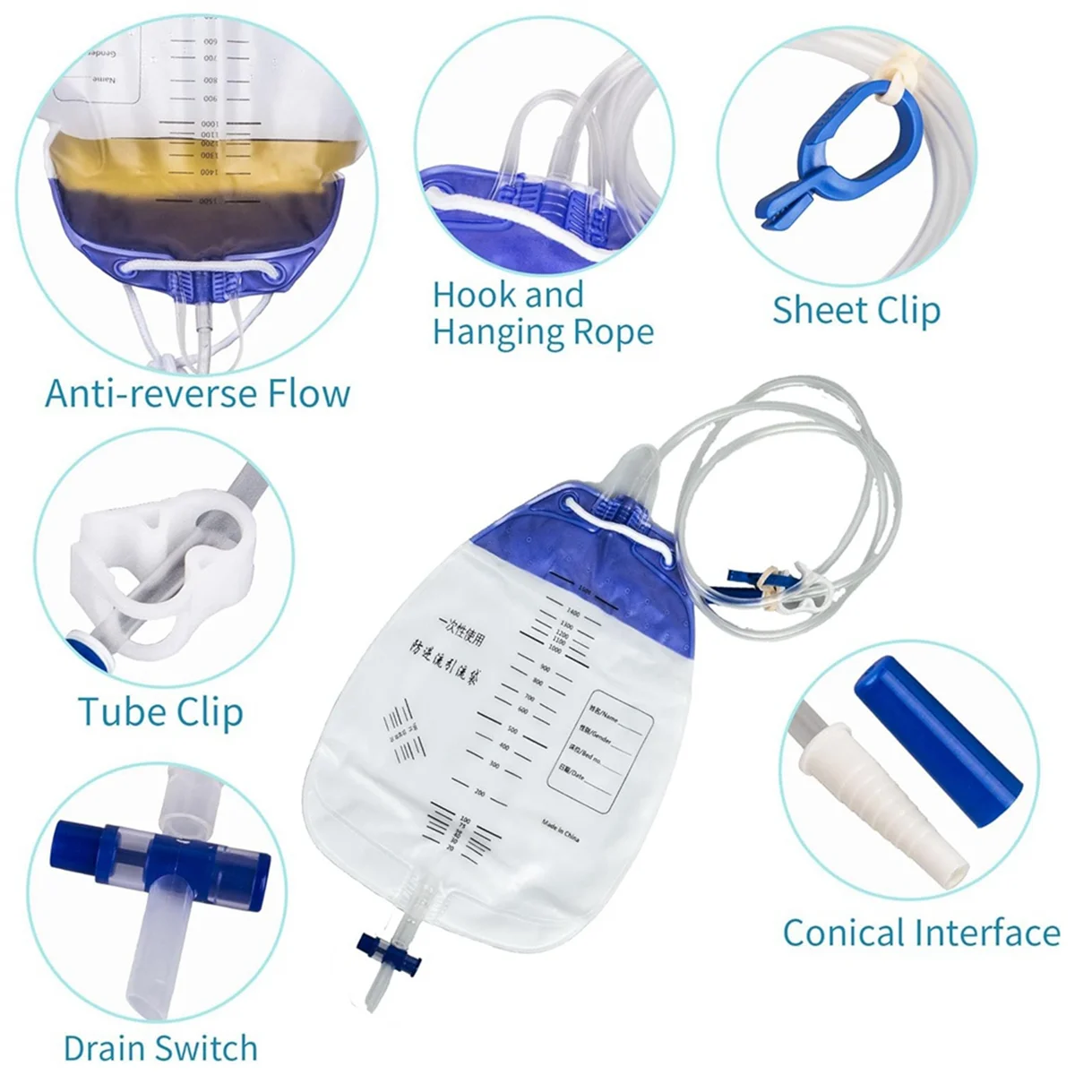 10 Pack Urinary Drainage Bags with 48In Tube Drainage Clips and Hanging Hook Urine Bags with Anti-Reflux Chamber 1500ML urinary drainage bags
