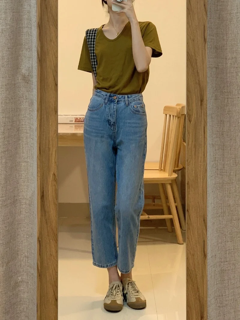 Retro high waisted Jeans Women Summer Thin Slim fit Slimming Straight Pants Design Sense Cropped Pants High Street Fashion Ins