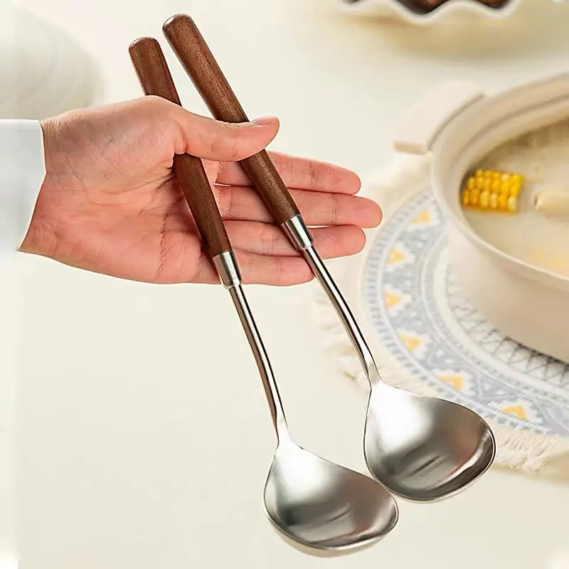 Stainless Steel Spoon Retro Imitation Wooden Handle Scoop Simple Household Soup Porridge Scoop Restaurant Hot Pot Cooking Spoon