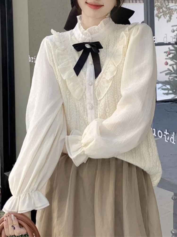 

Bow Lace Shirts Women Long Sleeve Ruffle Blouse Female Korean Fashion Preppy Style Tops Ladies Elegant Casual Blusas Para Mujer
