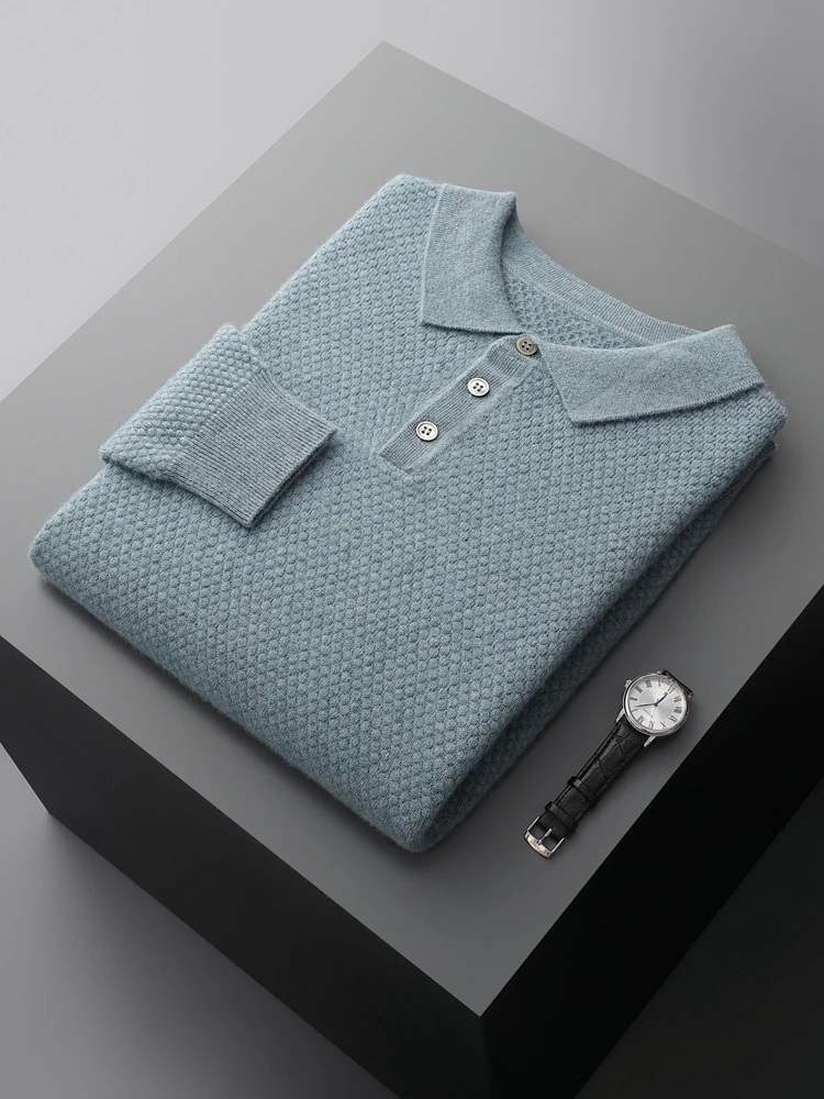 High-end 100% Goat Cashmere Sweater Men's POLO Collar Pullovers Autumn Winter New Long Sleeve Shirt Fashion Knitted Men's Jacket 5