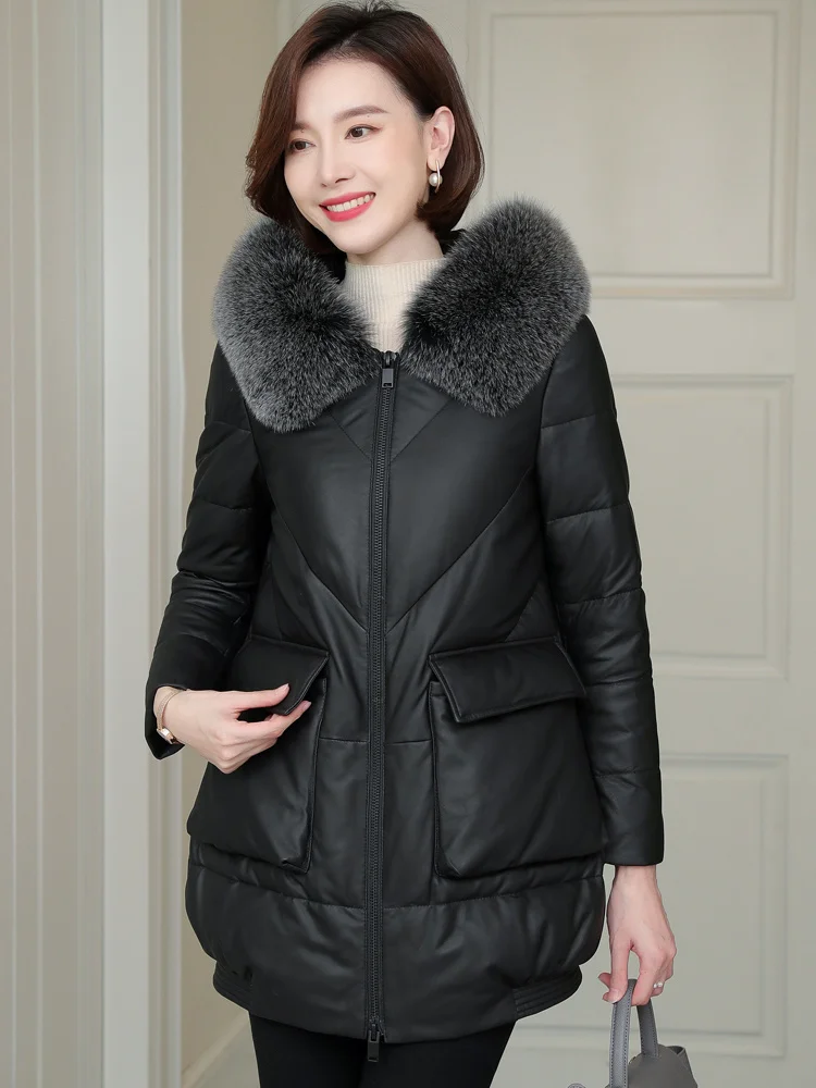 

2023Hot Sale Fox Fur Collar Hooded Coat Female 85%White Duck Down Women's Down Jacket Real Sheepskin Leather Jackets Women