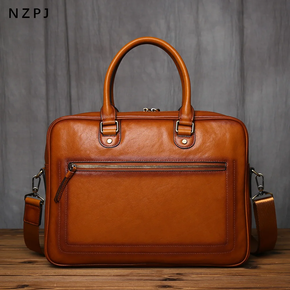NZPJ Men's Vintage Genuine Leather Briefcase Top Layer Cowhide Handbag Business Crossbody Computer Bag  Casual Crossbody Bag