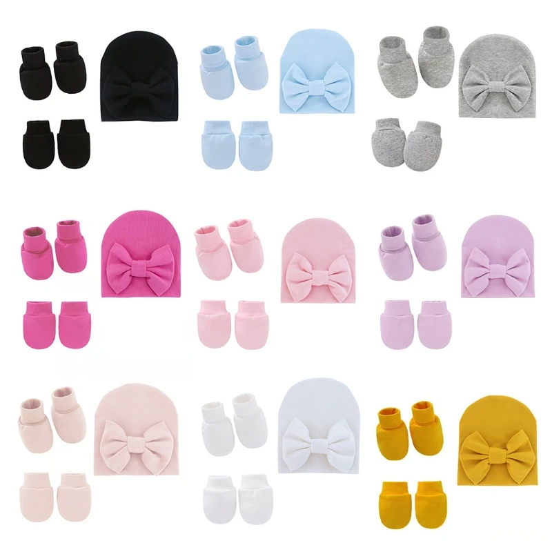 

Baby Bowknot Hat No Scratch Gloves Foot Cover Set Infants Soft Cotton Mittens Socks for Newborn Todddles