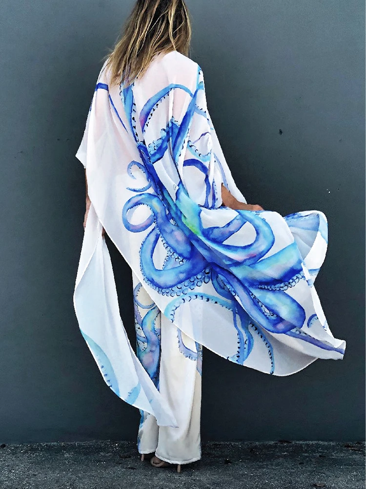 Print Boho Style Tops Swimsuit Cover Up Casual Long Beach Pants Beach Kaftan Over Size Kimono Beachwear Pareo Bikini Cover Up bathing suit wrap skirt