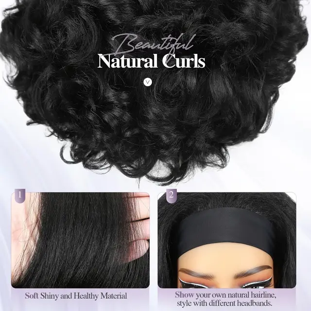 Synthetic Hair Headband Wig Yaki Curly Ends 16inch Middle Long Black Wig Female Kinky Straight for Black Women High Quality 4