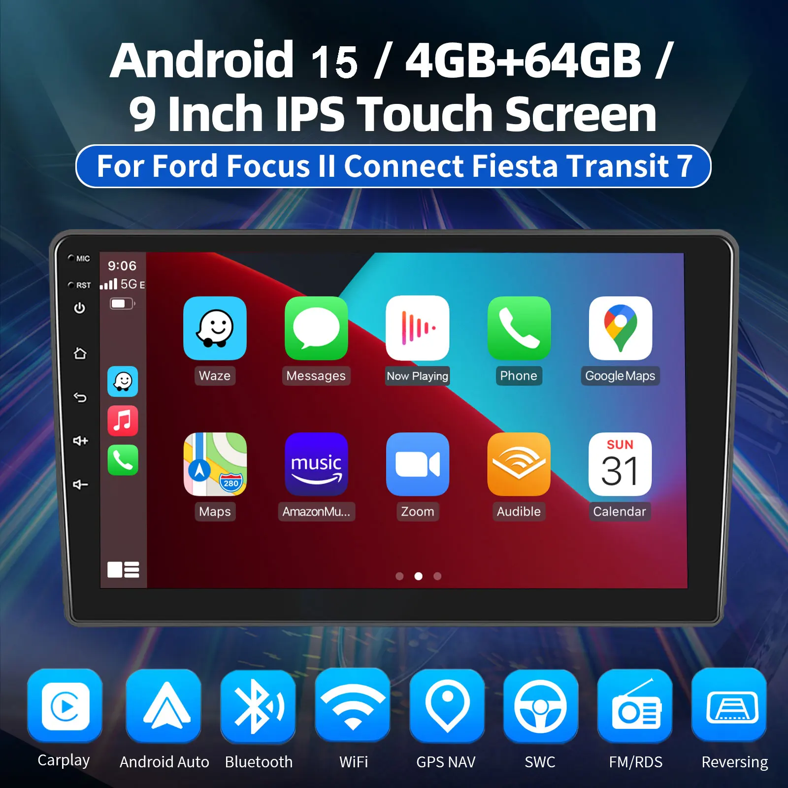 ESSGOO 9" Android 15 Kabelloses Carplay 32G/64G Für Ford FOCUS MK2 Transit MK7 Autoradio GPS Navi FM BT RDS SWC WiFi Mirror Link – Detail 7