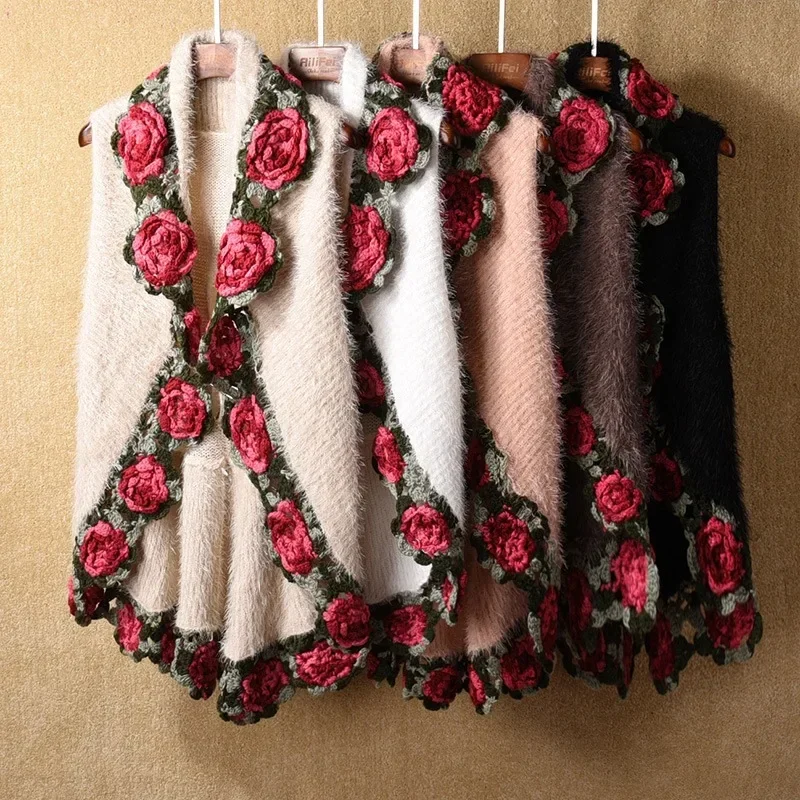 

winter women mohair knitted wraps cargidans lady sleeveless embroidery rose sweaters women crochet flower swing sweaters dis5