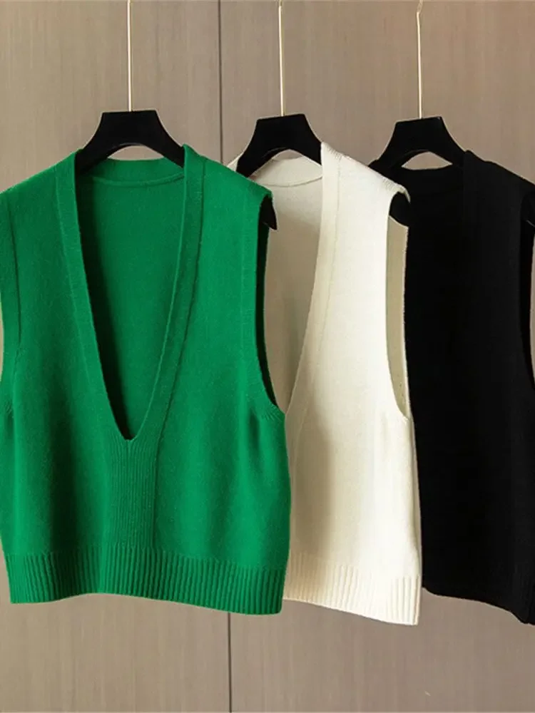 Новинка, женский свитер, жилет, весна-осень 2024, Женский вязаный свитер без рукавов, Женский пуловер с V-образным вырезом, топы, женская верхняя одежда V762