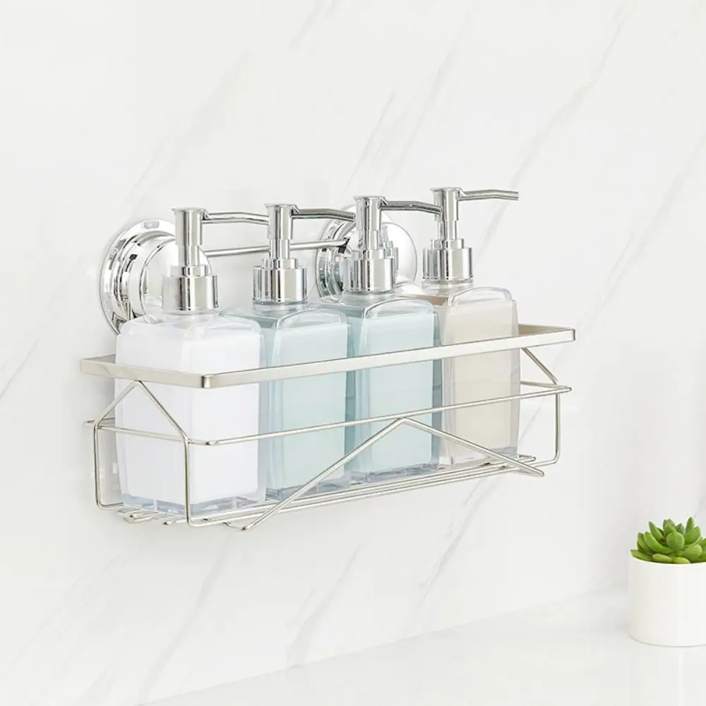 

Wall Mounted Bathroom Storage Shelf No-Punch Stainless Steel Sucking Wall Basket Rack with Suction Cup Silver Kitchen Organizer