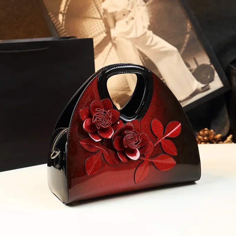

Women Top Handle Purse Satchel Bag Flower Design Shoulder Bag Glossy Patent Leather Handbags Stylish Handbag Medium Tote Bag