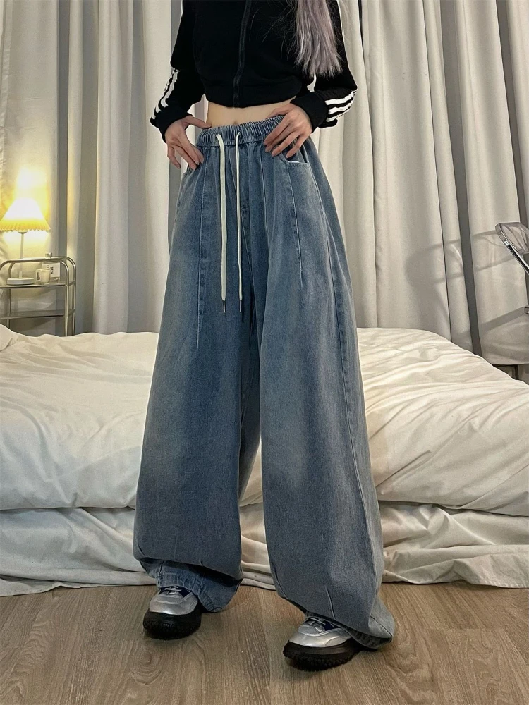 QWEEK Jeans larghi Vintage da donna Y2K elastico a vita alta pantaloni Streetwear oversize Denim gamba larga pantaloni di base dritti primavera