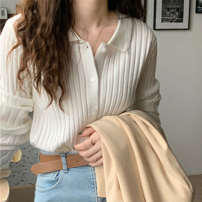 Elegant Turndown Collar Long Sleeved Knitted Cardigan Autumn/winter Retro Sweater Cardigan Casual Solid Slim Fit Top for Women
