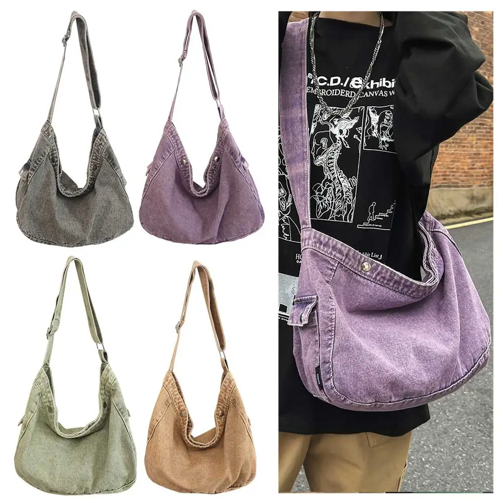 Women Canvas Bag Vintage Style Casual Shoulder Bag Distressed Cross Body Bag Solid Color Adjustable Shoulder Strap Commuting Bag