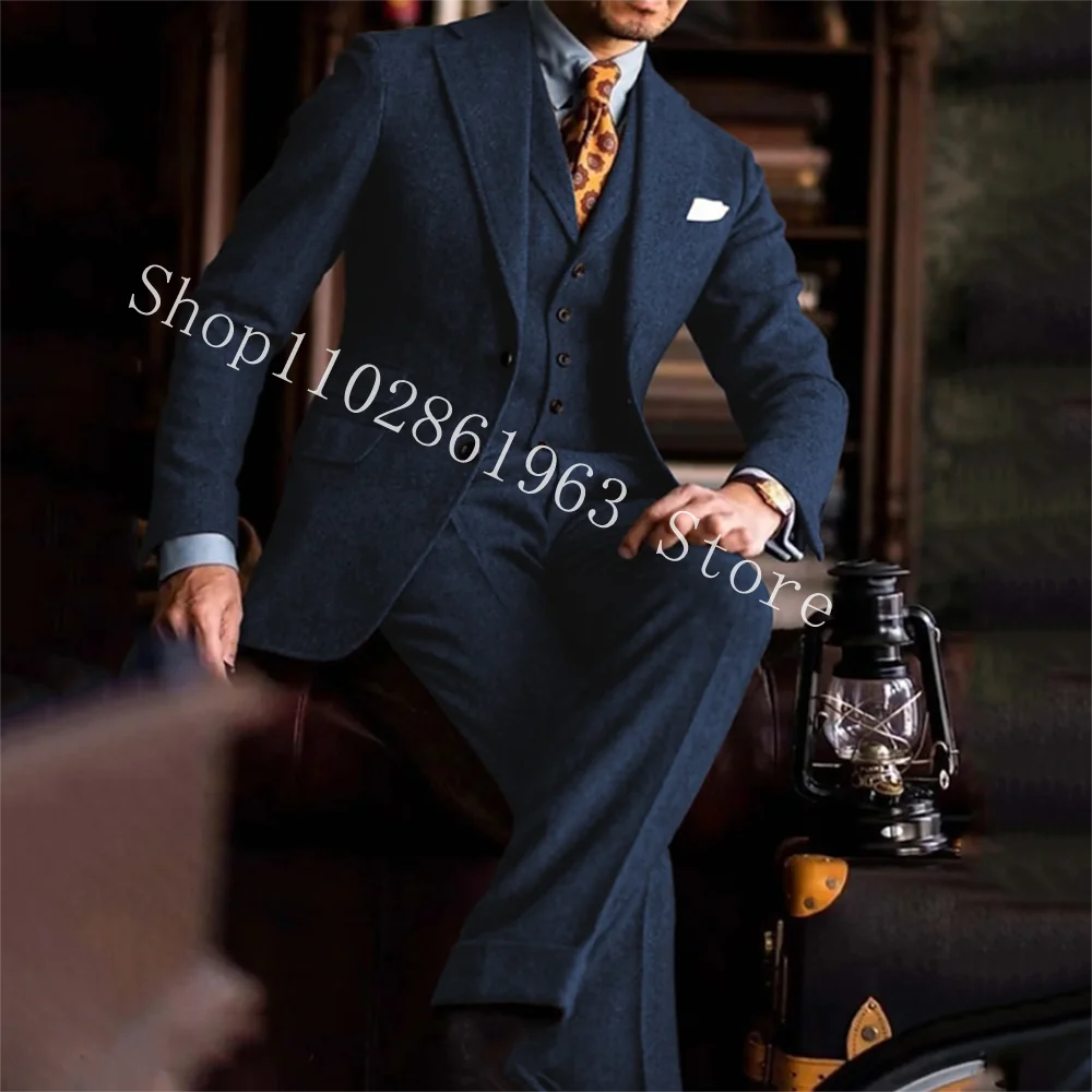 Grey Tweed Suits for Men Slim Fit Suits Formal Herringbone Groom Vintage Wedding Tuxedos Coat+Vest+Pants Trajes De Hombre