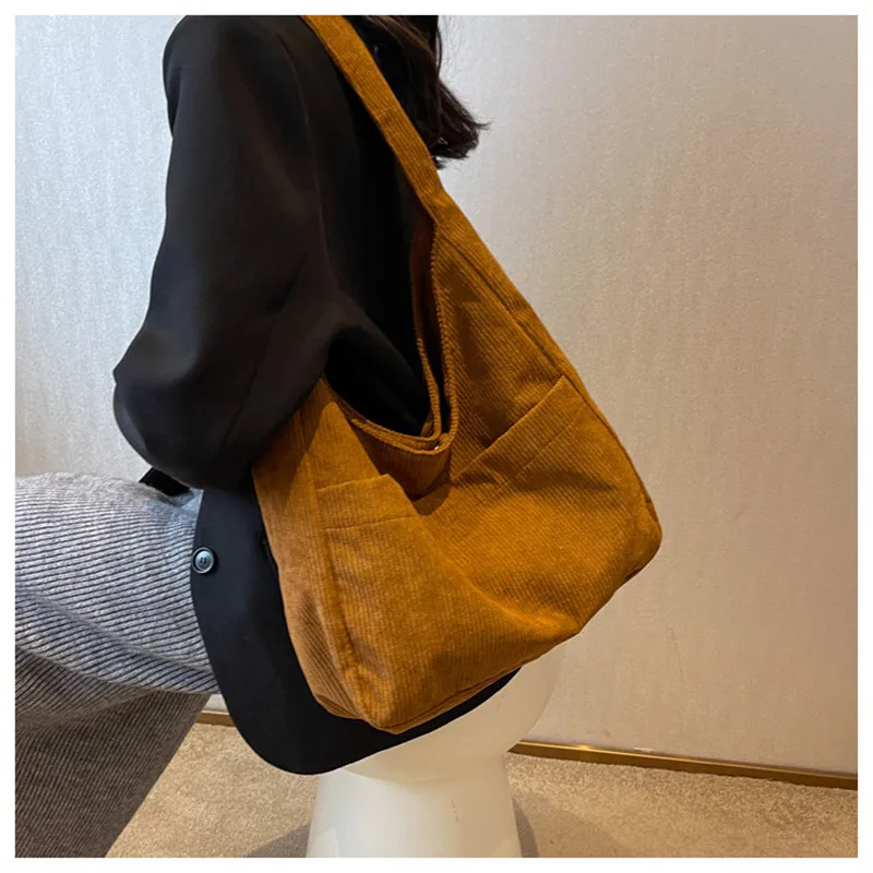 [韓国大人気バッグ] プラHITシンプルショッパーバッグcorduroy Corduroy Women's Tote Shoulder Bag Reusable Girls Shopping