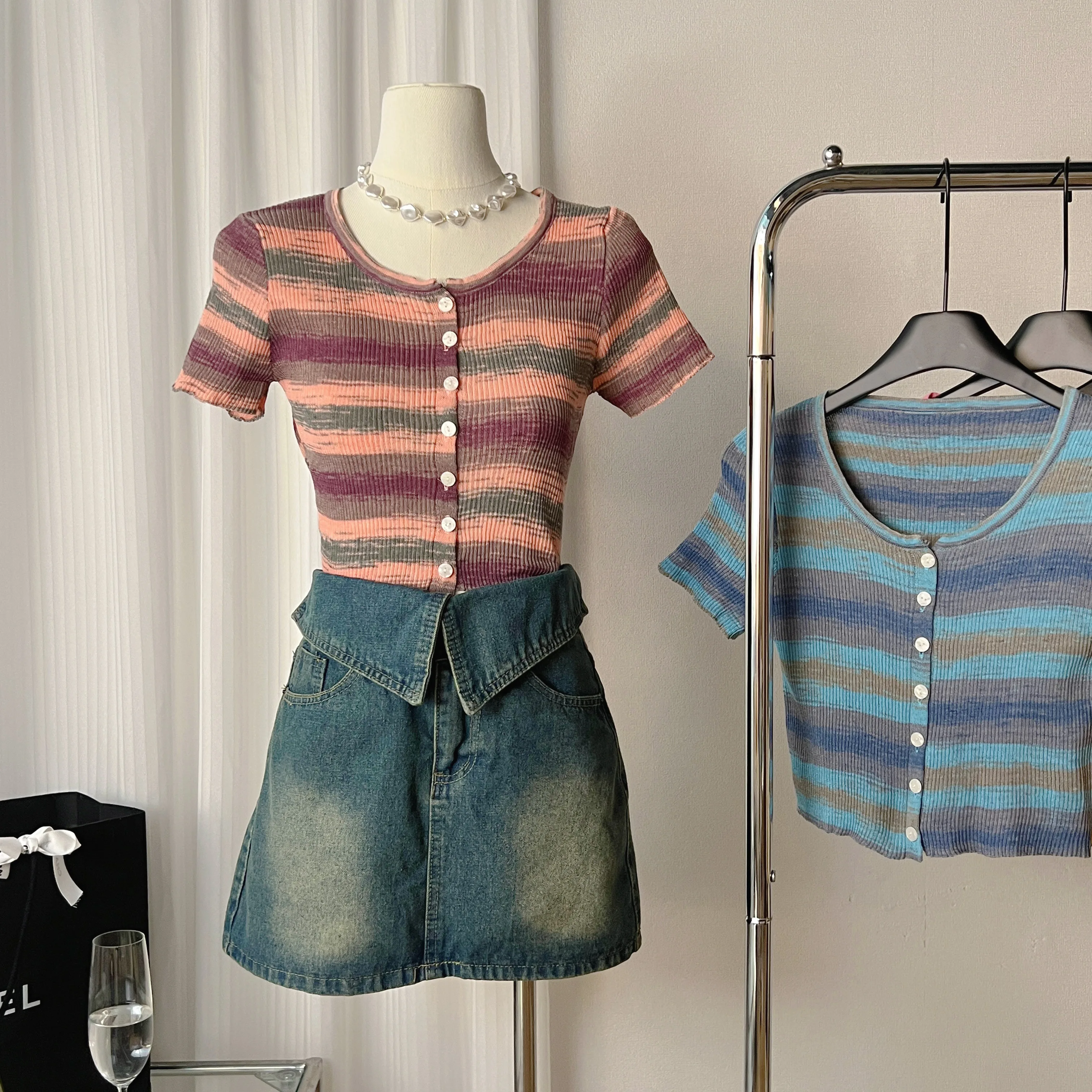 

y2k Korean Fashion Crewneck Short Sleeve T-shirts For Women Slim Sexy Striped Vintage Female Clothing Chic Design New Top