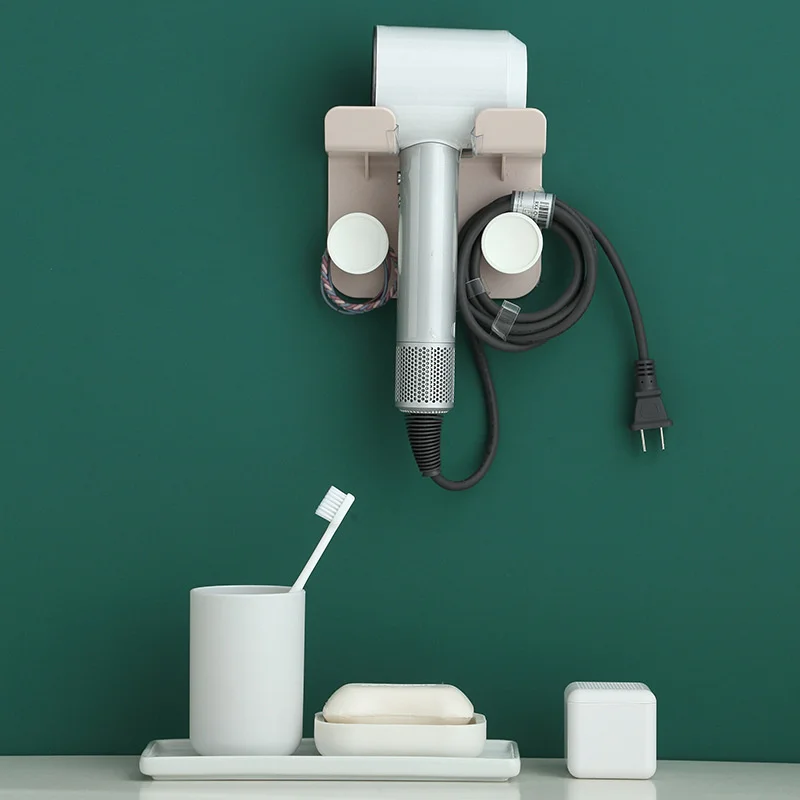 

Bathroom Wall Mounted Hair Dryer Holder Storage Rack Self-adhesive Plastic Household Washroom Organization Shelves With Hook