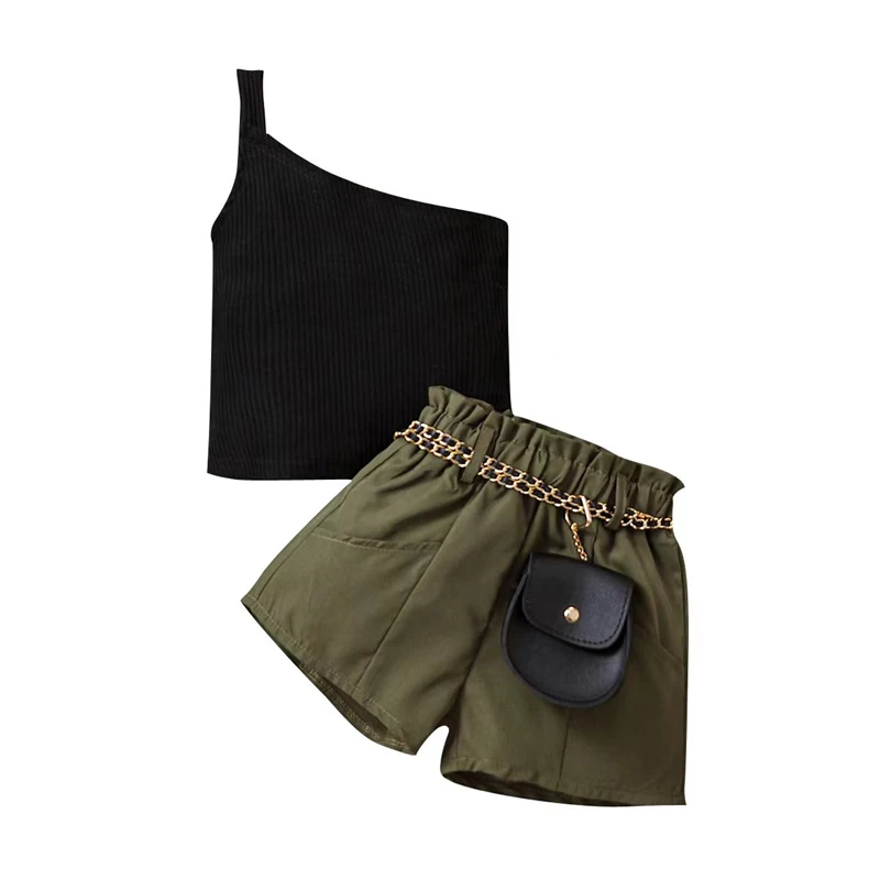 

Kids Girls Shorts Set One-shoulder Vest with Elastic Waist Shorts and Chained Fanny Pack