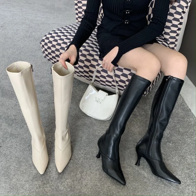 Fashion Women High Boots Black White Winter Chelsea Stretch Boots Back Zipper Elegant Party Pumps Thin High Heels Women Shoes