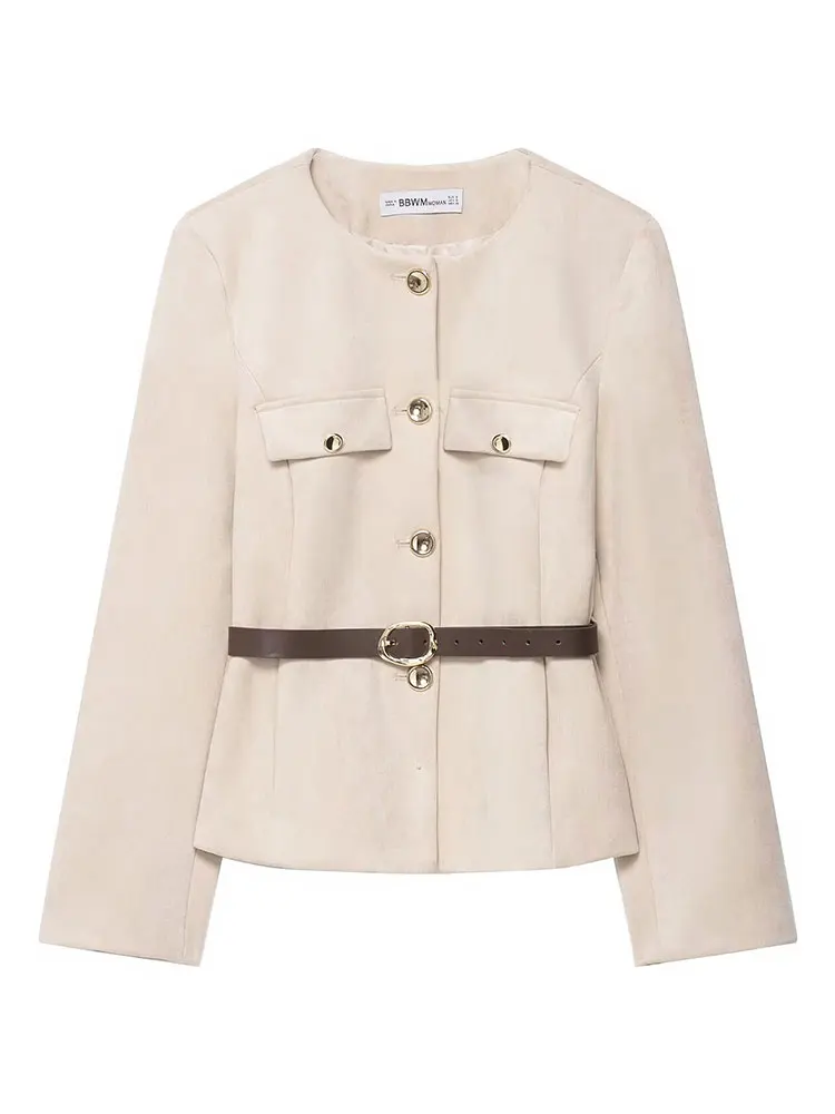 HH Women Casual Solid Suede Coats With Belt O Neck Single Breasted Long Sleeve Blazer Jacket Autumn Fashion High Street Outwear
