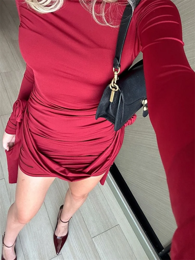 Floral Fashion Pleated Mini Dress For Women Slim High Waist Solid Casual Autumn Sexy Dress Female Bodycon Dress New
