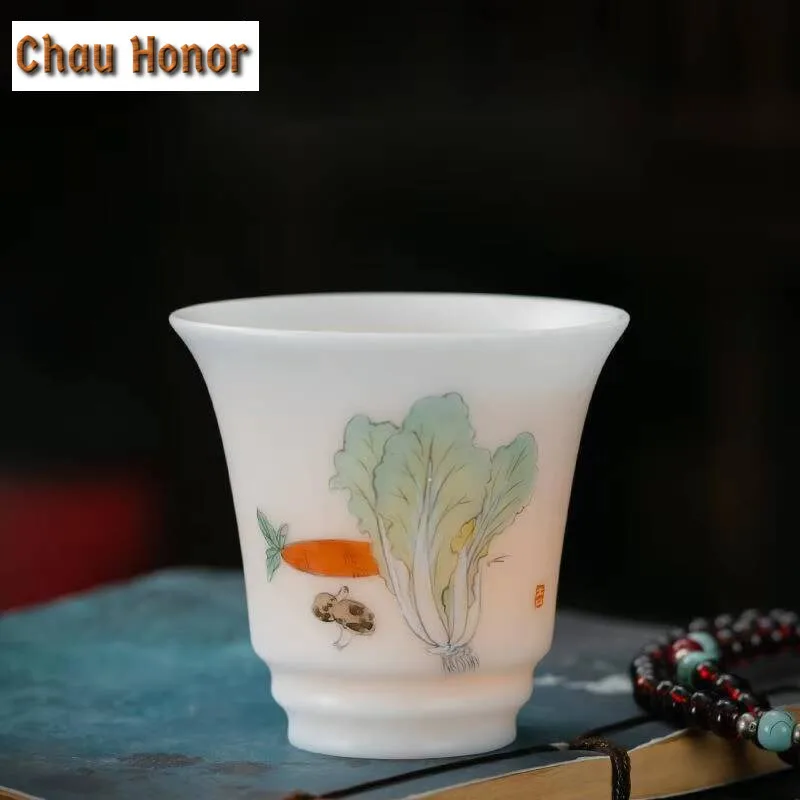 110ml Handmade Iced Jade  White Porcelain Teacup Hand Painted Cabbage Master Cup Ceramic High Smelling Cup Jianzhan Teaware Gift