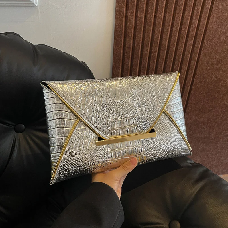Fashion Crocodile Pattern Envelope Clutch Women's Handbags For Gifts, Designer Casual Ladies Purses Phone Pocket