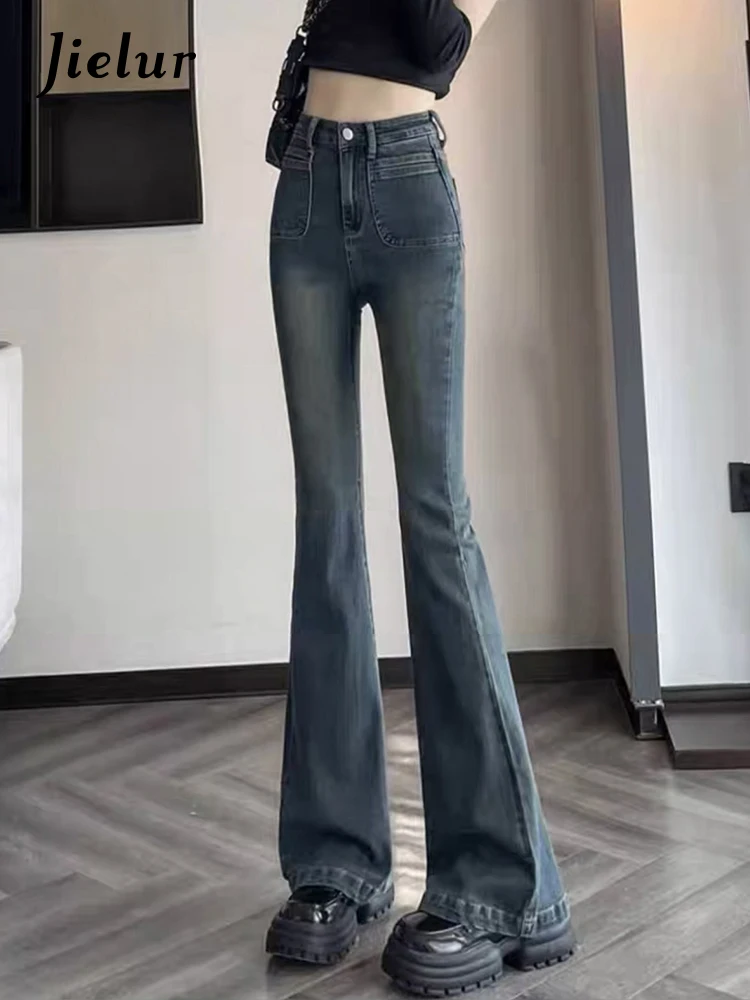 Jielur Autumn New Slim Tight Hip Jeans Fashion Vintage Chic Pockets Simple Female Flare Pants Casual Pure Color Women's Jeans