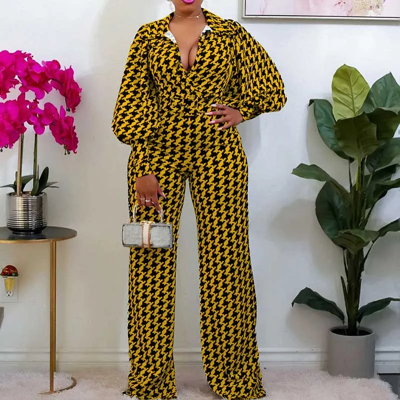2022 Polyester Full Sleeve Rompers Women New Ladies Dashiki Print Plaid Lapel Trousers Fashion Elastic Overalls African Jumpsuit african culture clothing
