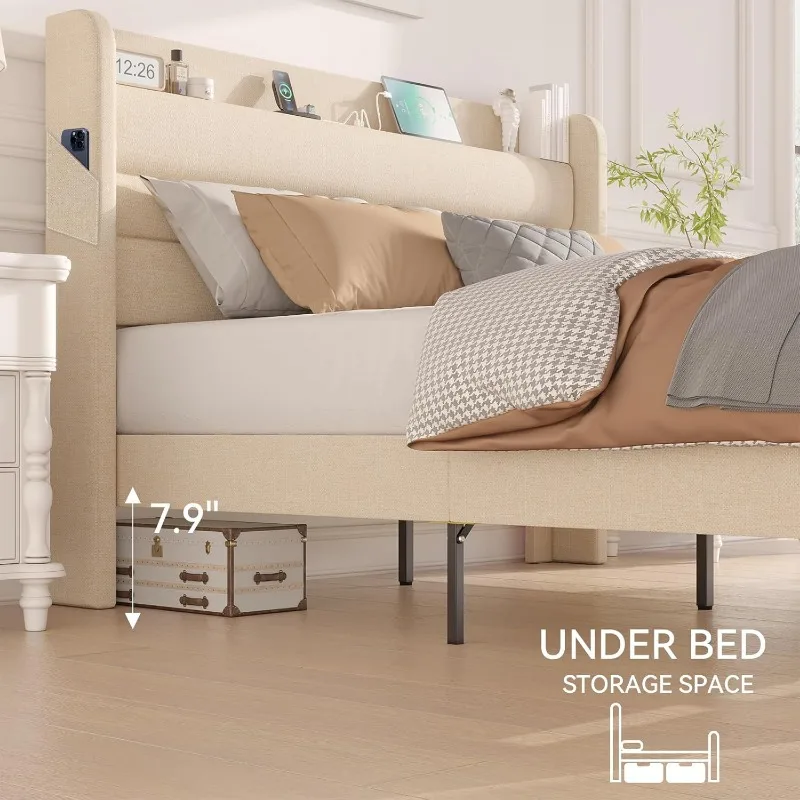 NEW Queen Bed Frame with Charging Station, Type-C & USB Ports and LED Light, Linen Upholstered Bed Frame Queen Size  Beige 5