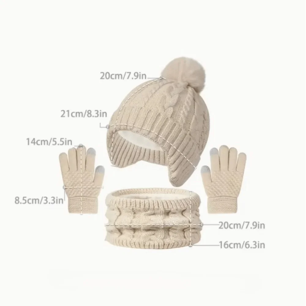 Casual Solid Color Baby Hat Scarf Gloves Set Warm Ears Cute Pompom Toddler Knitted Hats Thickened Keep Warm Kids Hat Set Boys
