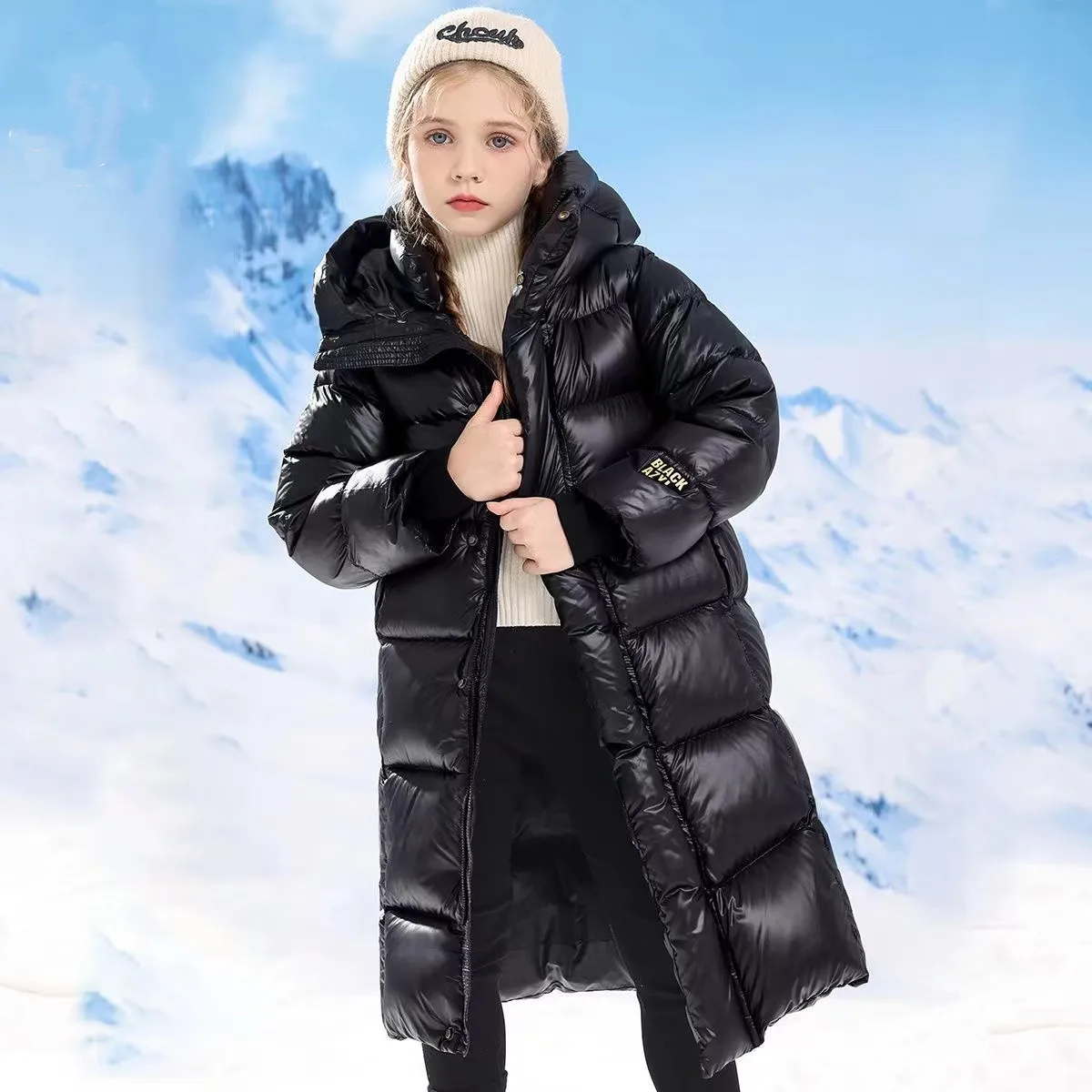 New Black Gold Down Cotton Jacket for Children Extended Thick Winter Cotton Jacket for Boys and Girls Thick Coat