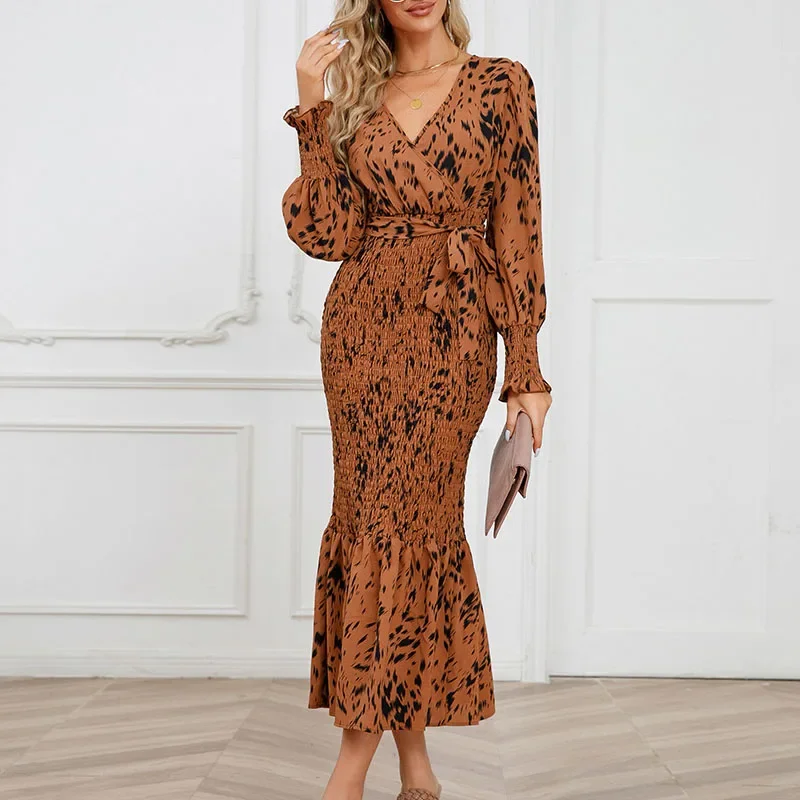 

Women V-Neck Print Long Mermaid Dress Elegant Slim Fit Lace Up Fishtail Skirts Trendy Evening Party Dresses Robe De Soiree