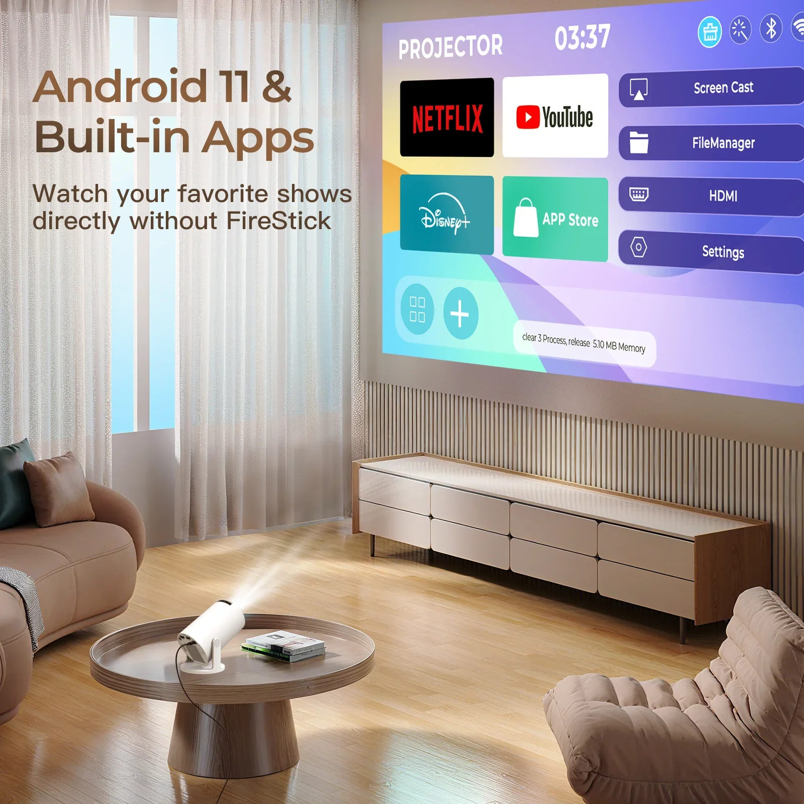 Vidéo Projecteur intelligente 1080P HDR10 Android Bluetooth WiFi 4K – Image 2
