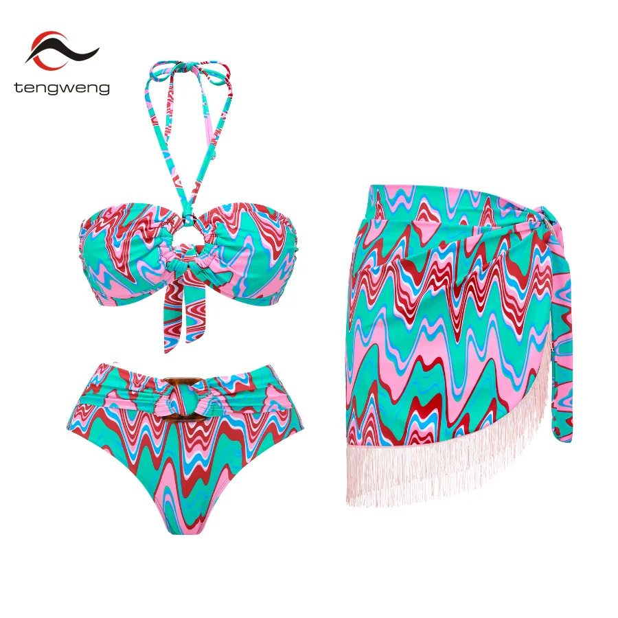 

Tengweng 2024 пикантный Цельный купальник с юбкой, комплект бикини, Холтер, винтажный принт, женский купальник, бразильский пляжный купальный костюм, платье