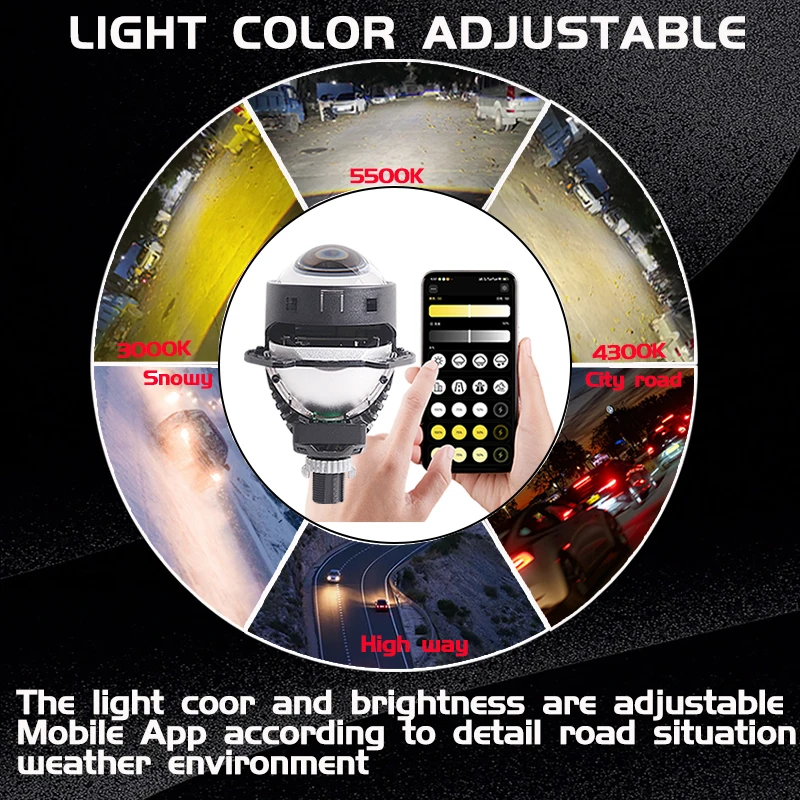 SANVI 3인치 앱 제어 스마트 바이 LED 렌즈 프로젝터 헤드라이트 120W 3000K-6000K 헬라3R G5 H4 H7 9005 9006 자동차 라이트 개조용