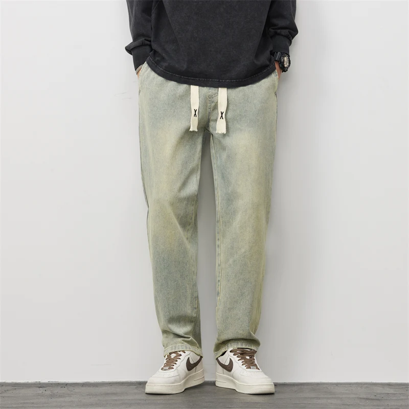

Unisex Winter Men Jeans Loose Straight Leg 2023 Fall Simple Casual Elastic Waist Trousers Woman Denim Cargo Pants Men