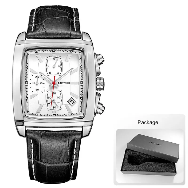 New Rectangle Dial Leather Strap Watch for Men Casual Blue Chronograph Quartz - Picture 25 of 28