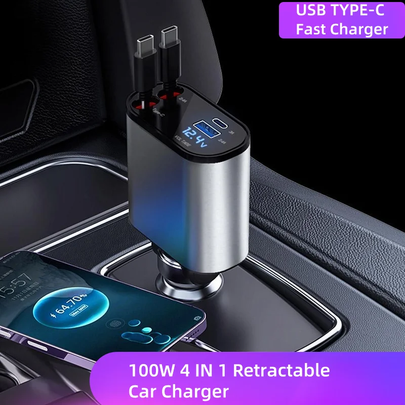 100W 4 IN 1 Retractable Car Charger USB Type C Cable For IPhone Fast Cord  Cigarette Lighter Adapter X4W3