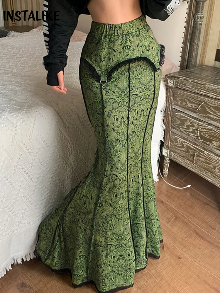 InsLike Sexy Vintage Fashion Elegant Green Trumpet Long Skirt Graphic Print Lace Trim Y2K High Waist Skirt Women 2000s Aesthetic hardenberger plays trumpet concertos 1 cd